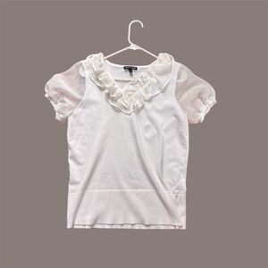 Cable & Gauge White Ruffle V-Neck Knit Top Sheer Puff Sleeve XL